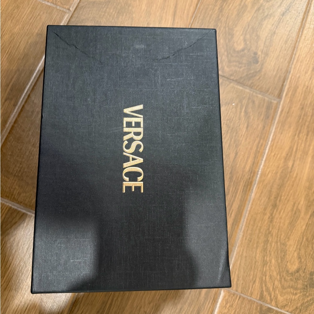 Versace Silver Metallic Leather High Heel Mules with Gold Medallions - Picture 12 of 13